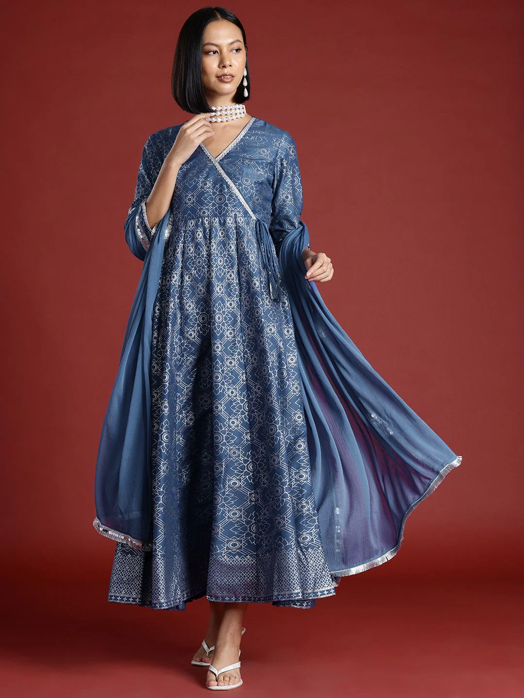 all about you Block Print Wrap Midi Ethnic Dress with Dupatta - Image 6