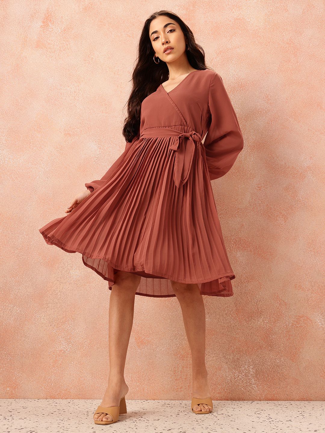 all about you Box Pleats Wrap Dress with Belt - Image 3