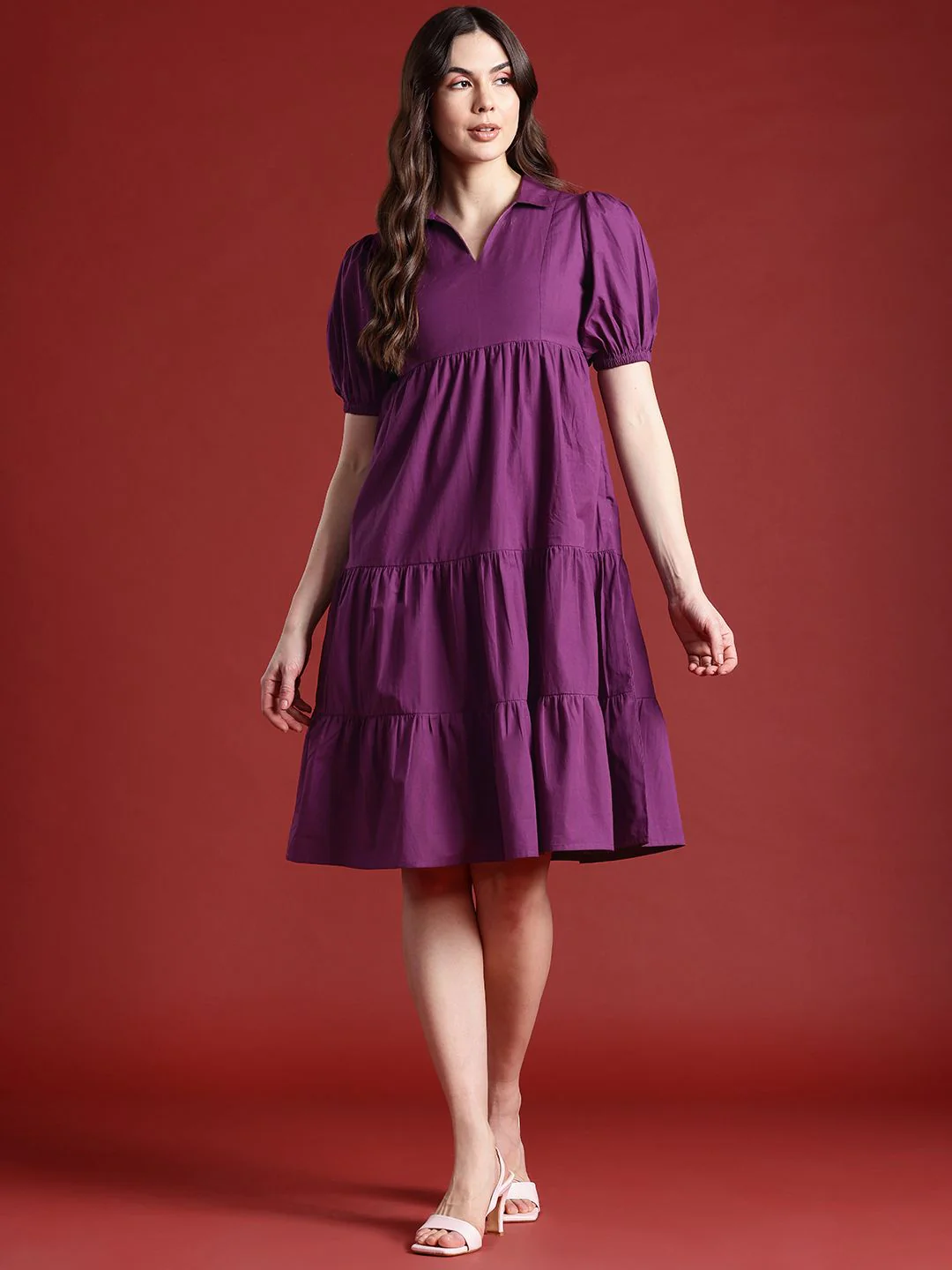 all about you Cotton Puff Sleeves Tiered A-Line Dress