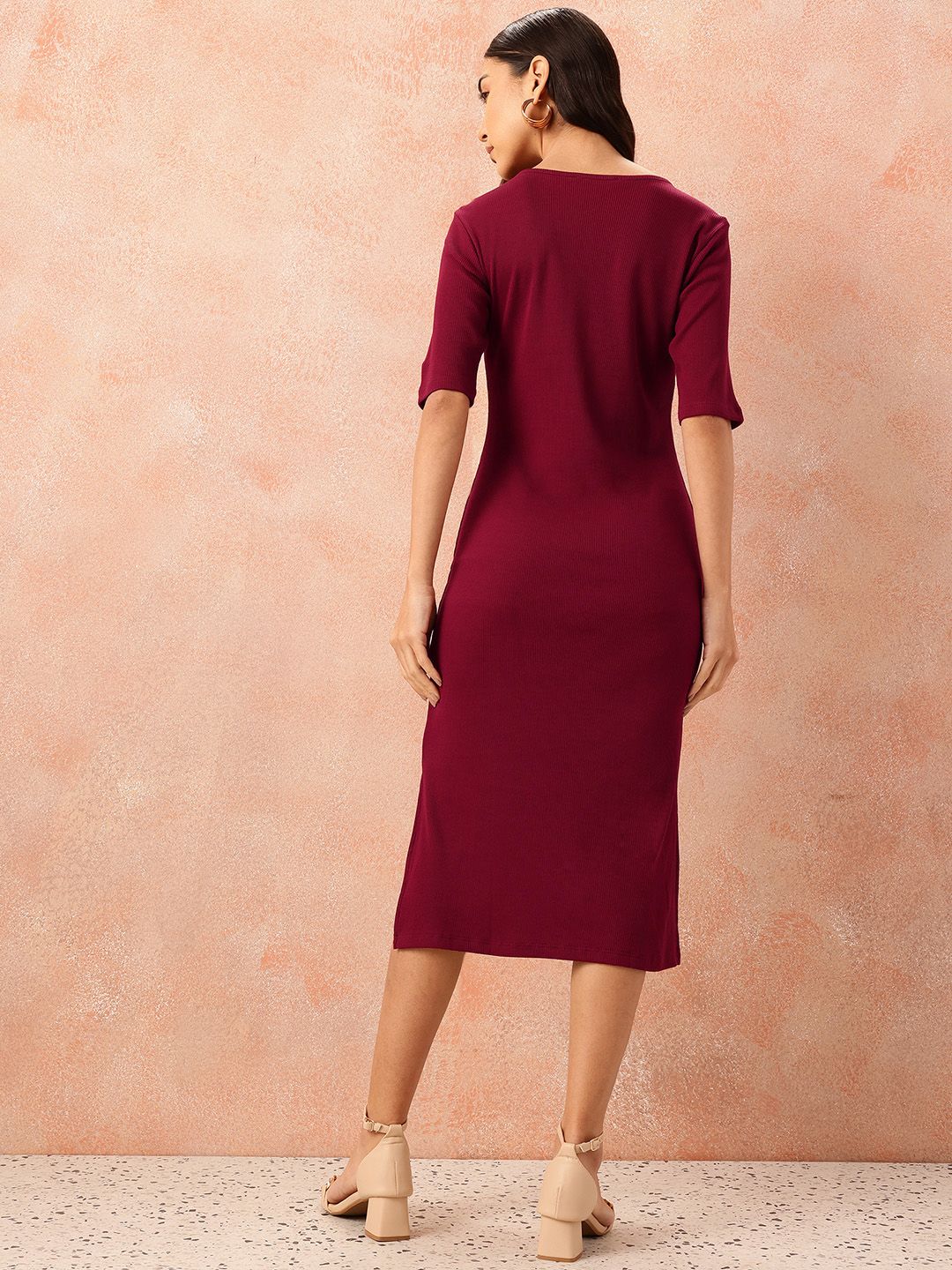 all about you Cotton Ribbed Side Slits Sheath Midi Dress - Image 4