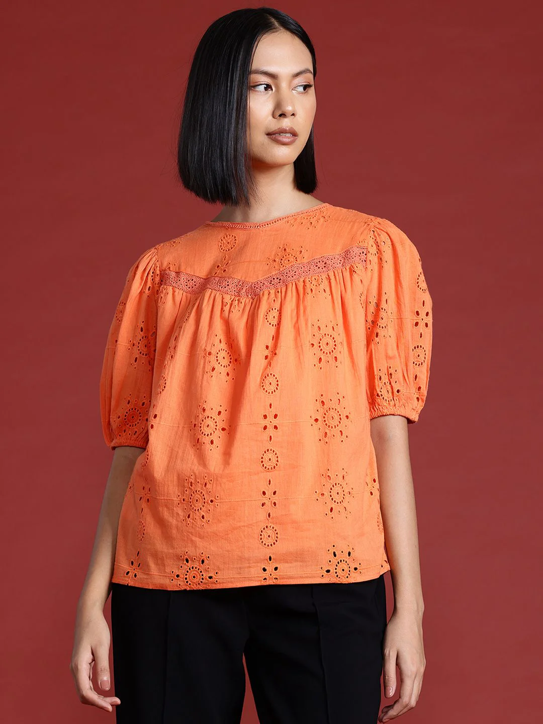 all about you Embroidered Puff Sleeve Cotton Top - Image 2