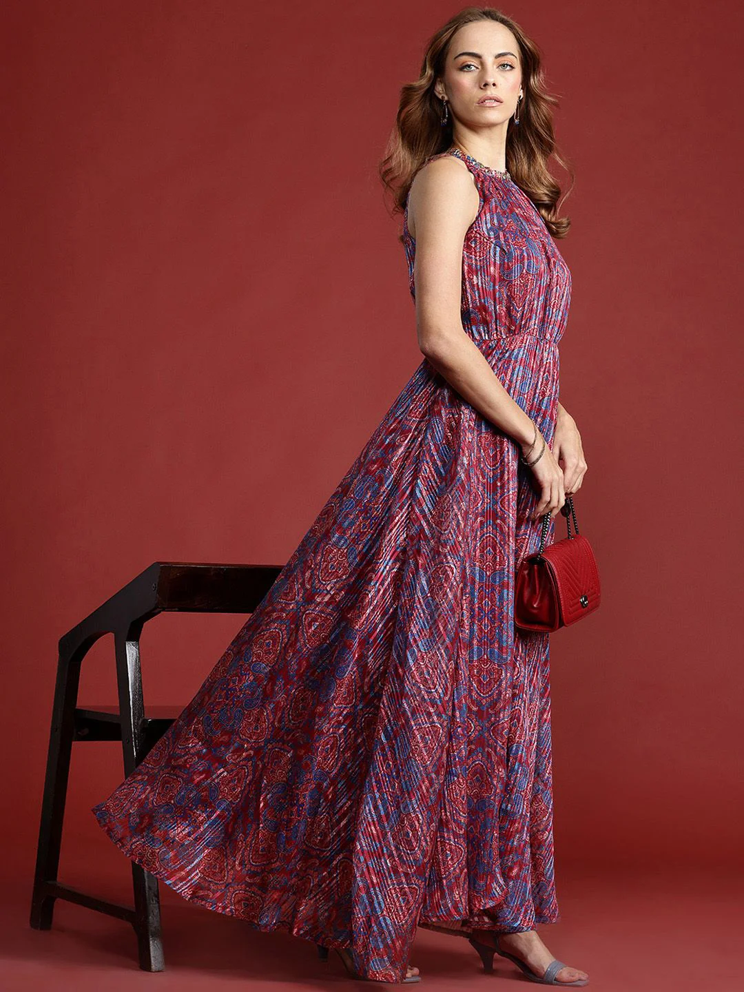 all about you Ethnic Motifs Printed Lurex Stripe Georgette Maxi Dress - Image 4