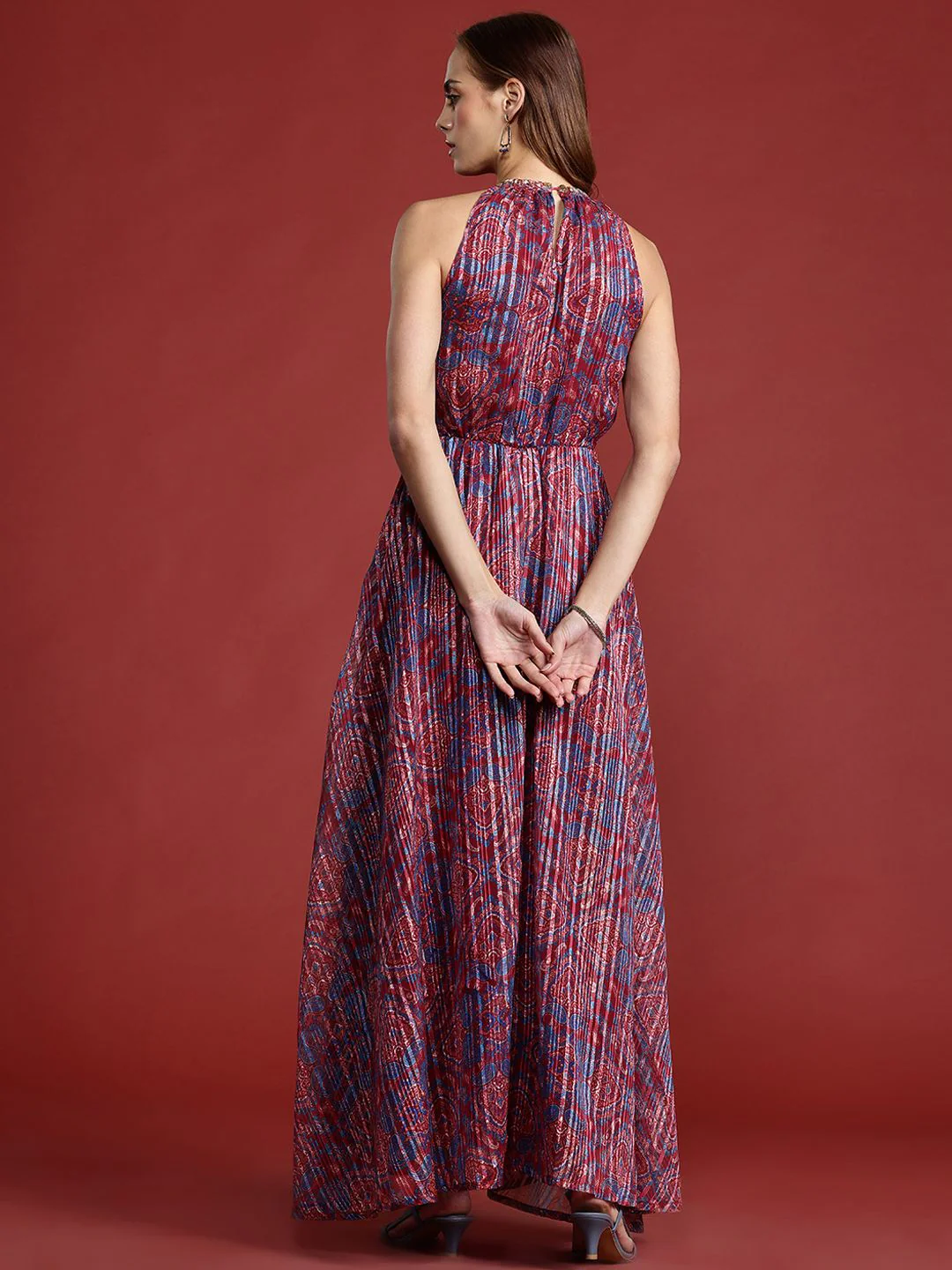 all about you Ethnic Motifs Printed Lurex Stripe Georgette Maxi Dress - Image 5