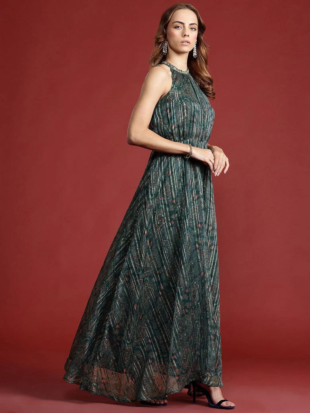 all about you Ethnic Motifs Printed Lurex Stripe Georgette Maxi Dress - Image 3