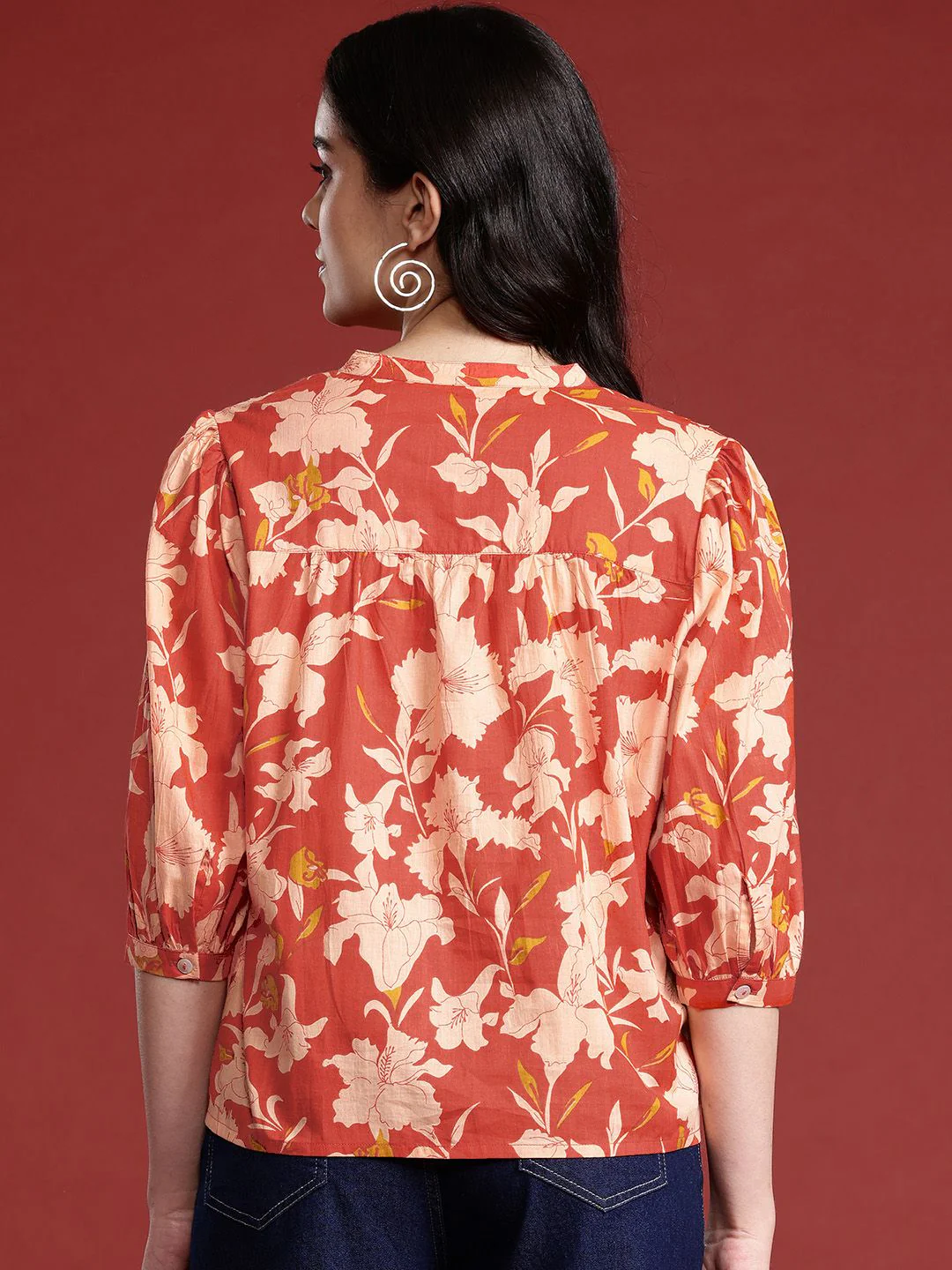 all about you Floral Print Mandarin Collar Puff Sleeves Pure Cotton Shirt Style Top - Image 4