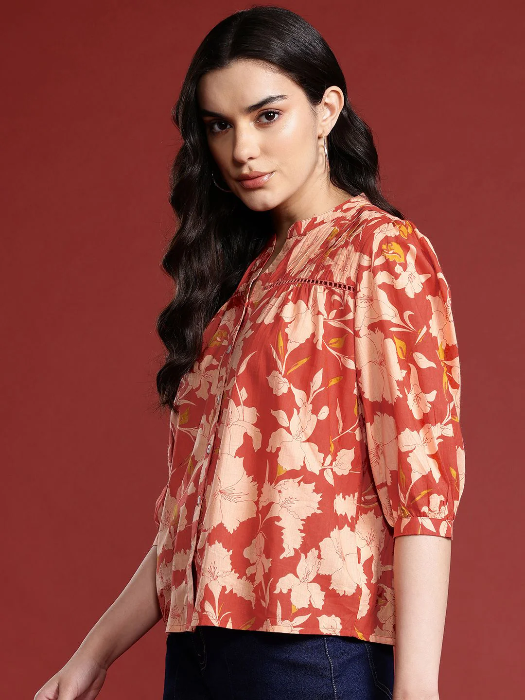 all about you Floral Print Mandarin Collar Puff Sleeves Pure Cotton Shirt Style Top - Image 5