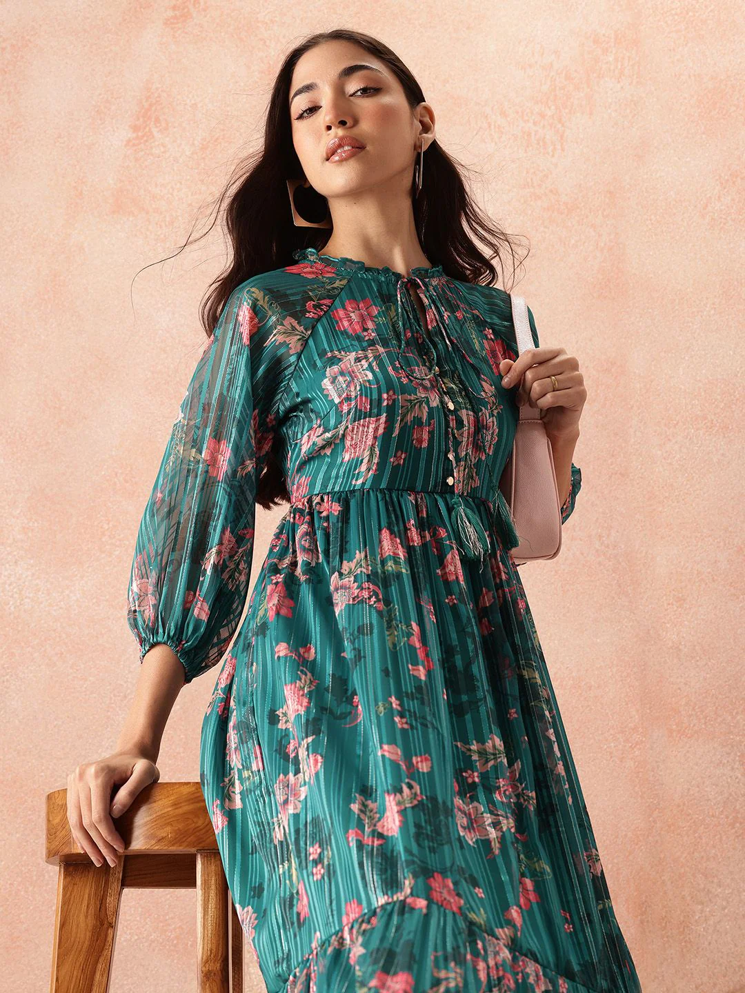 all about you Floral Print Tie-Up Neck Puff Sleeve Fit & Flare Midi Dress