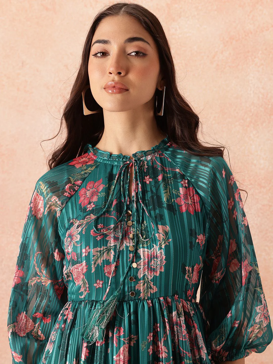all about you Floral Print Tie-Up Neck Puff Sleeve Fit & Flare Midi Dress - Image 2