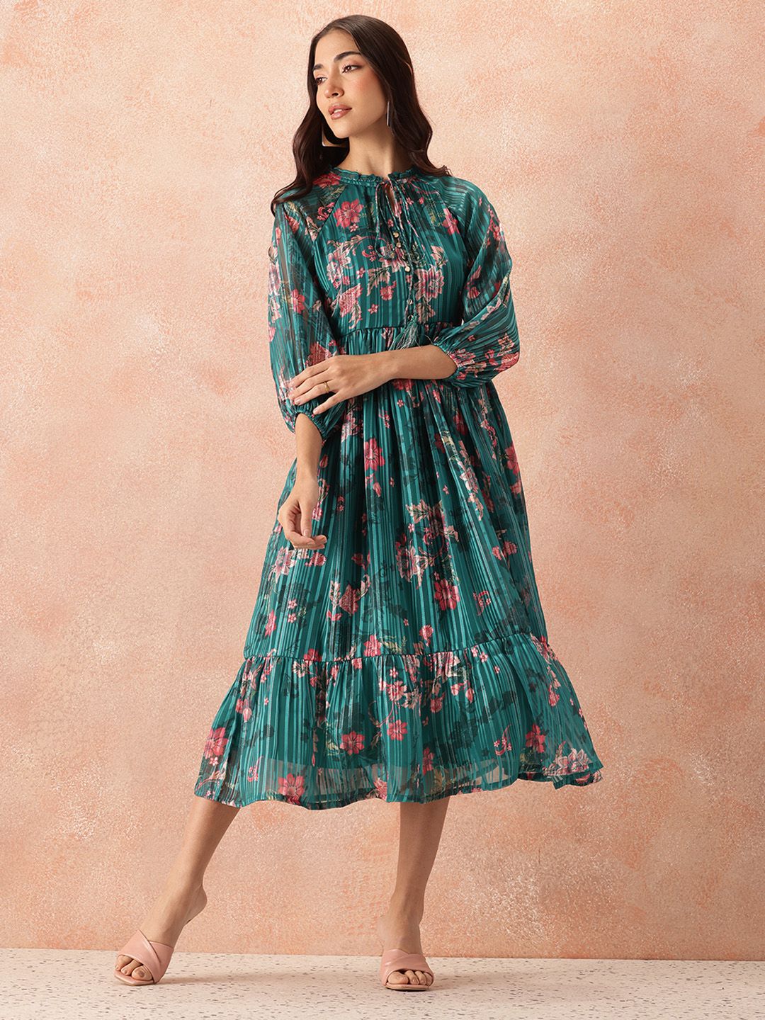all about you Floral Print Tie-Up Neck Puff Sleeve Fit & Flare Midi Dress - Image 3