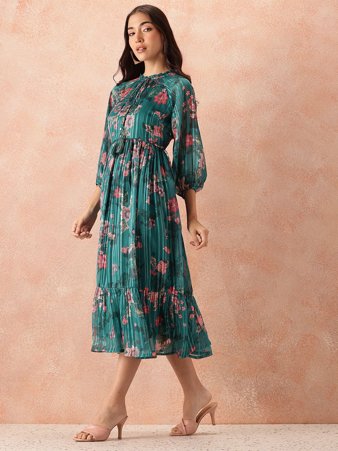 all about you Floral Print Tie-Up Neck Puff Sleeve Fit & Flare Midi Dress - Image 5