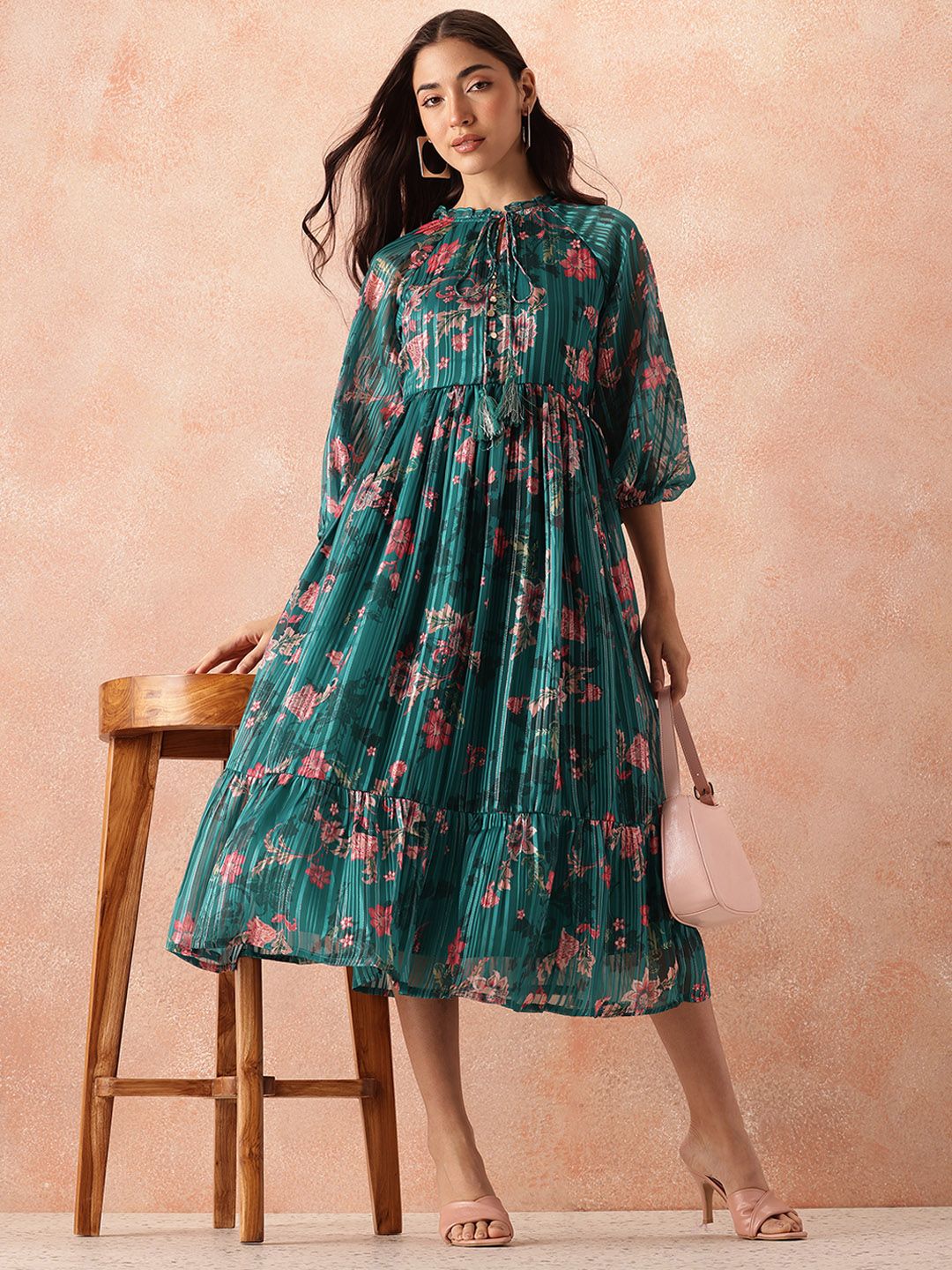 all about you Floral Print Tie-Up Neck Puff Sleeve Fit & Flare Midi Dress - Image 6