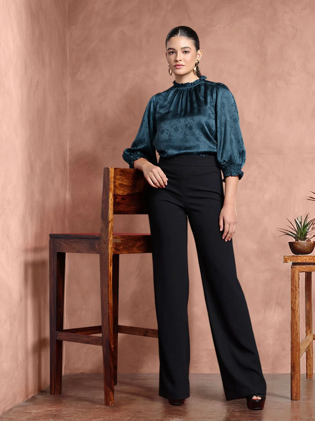 all about you Floral Self Designed High Neck Puff Sleeve Regular Top