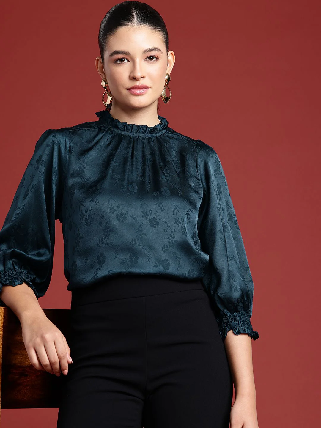 all about you Floral Self Designed High Neck Puff Sleeve Regular Top - Image 3