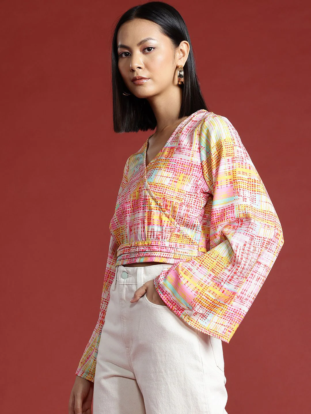 all about you Geometric Print Flared Sleeve Wrap Crop Top - Image 5