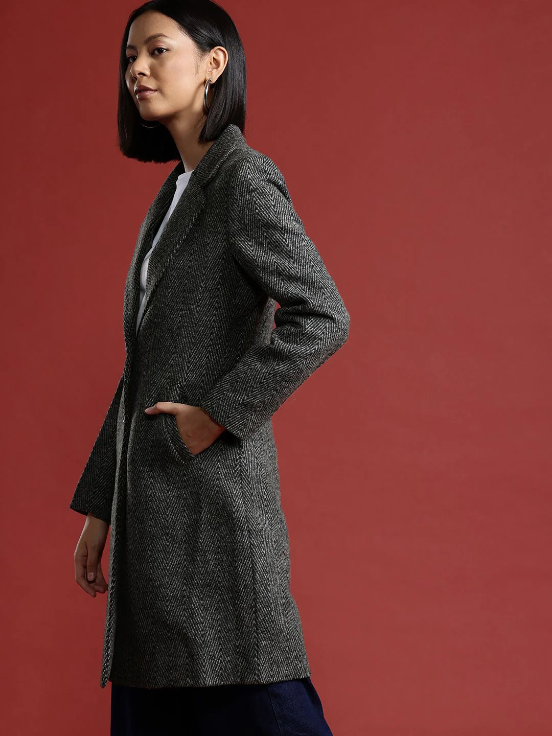 all about you Geometric Self Design Single-Breasted Longline Over Coat - Image 3