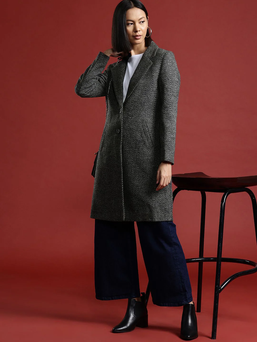all about you Geometric Self Design Single-Breasted Longline Over Coat - Image 4