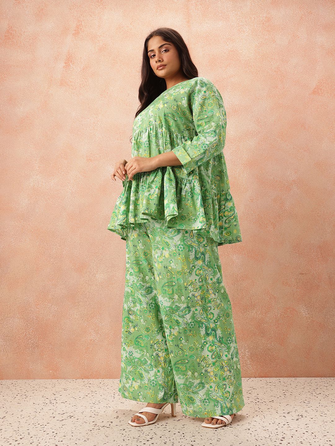 all about you Plus Size Paisley Printed Pure Cotton Tiered Empire Top with Palazzos - Image 4