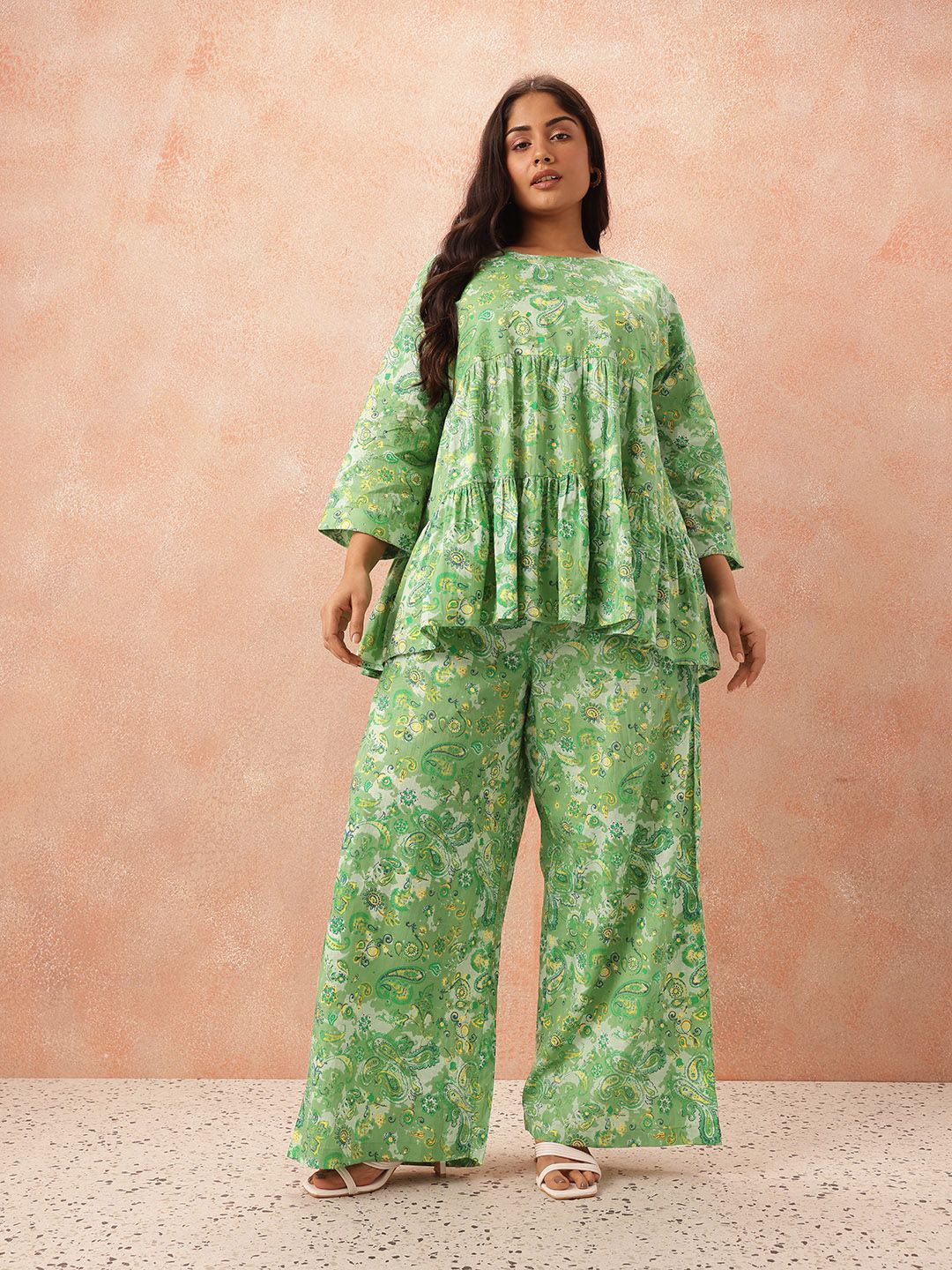 all about you Plus Size Paisley Printed Pure Cotton Tiered Empire Top with Palazzos - Image 5