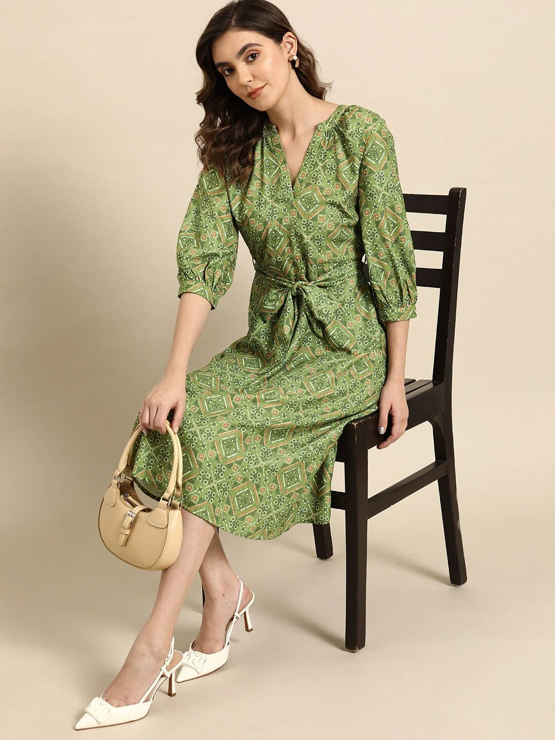 all about you Printed A-Line Ethnic Dress with Belt - Image 4