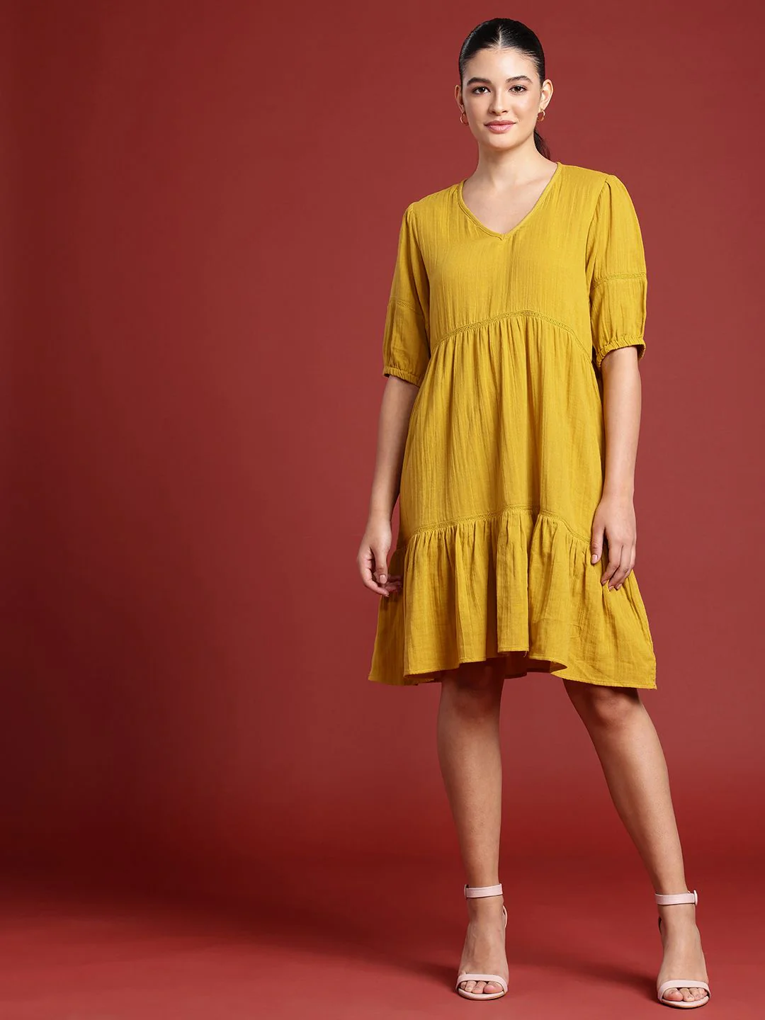 all about you Pure Cotton Puff Sleeve Tiered A-Line Dress - Image 5