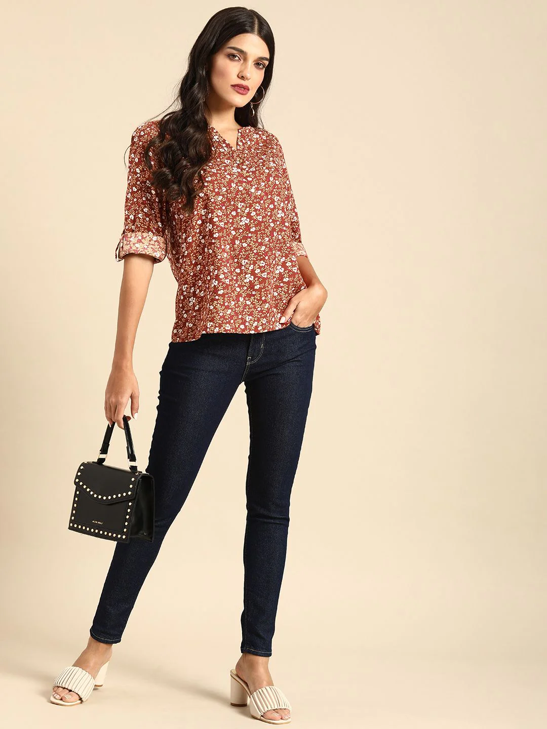 all about you Rust Floral Printed Roll-Up Sleeves Top - Image 4