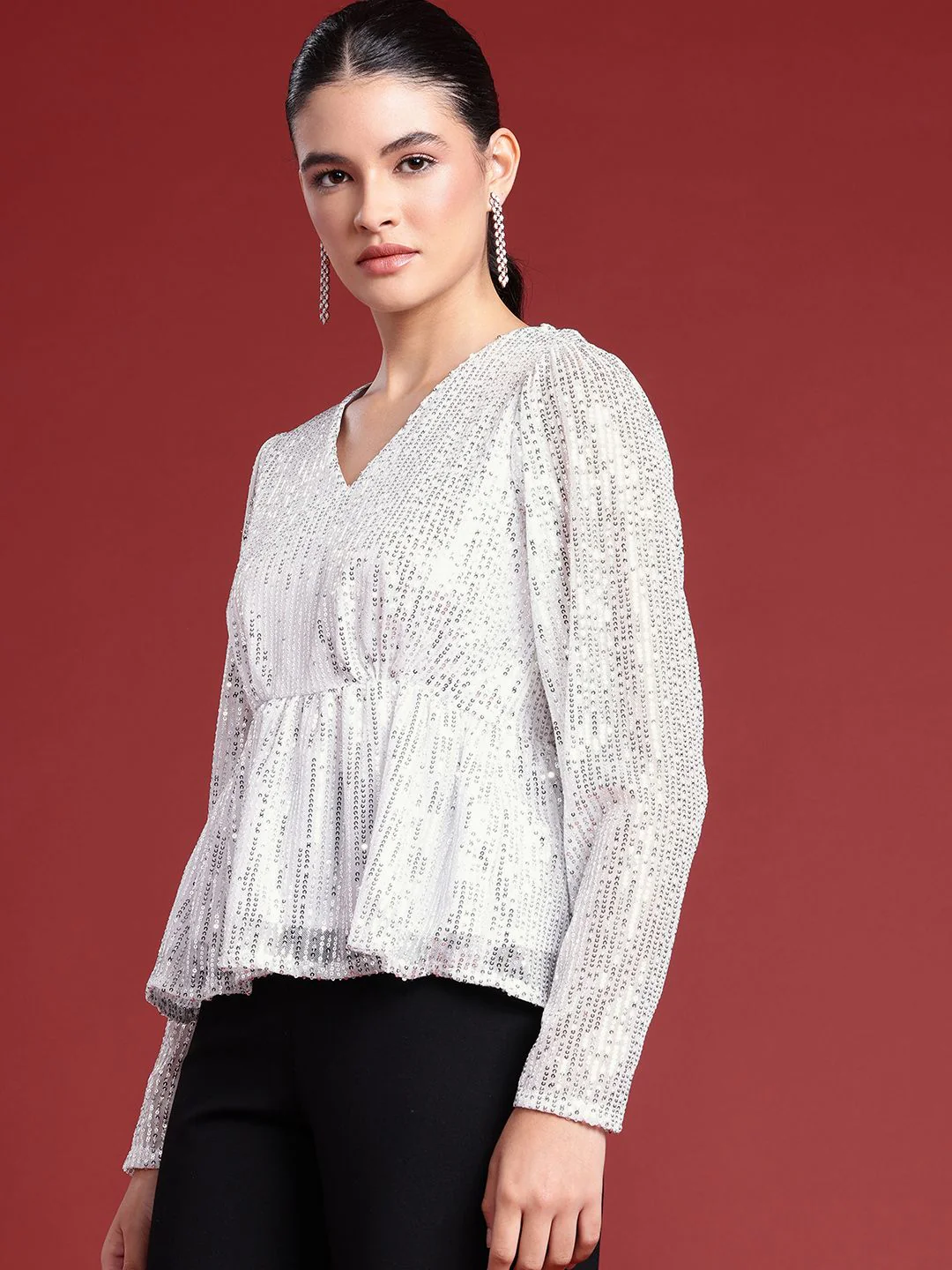 all about you Sequinned Stripes Embellished V-Neck Gathered or Pleated Party Top - Image 3