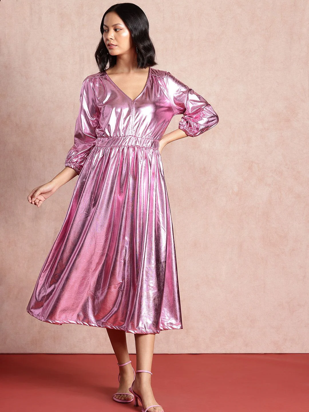 all about you Sheen Puff Sleeve Fit & Flare Midi Dress - Image 4