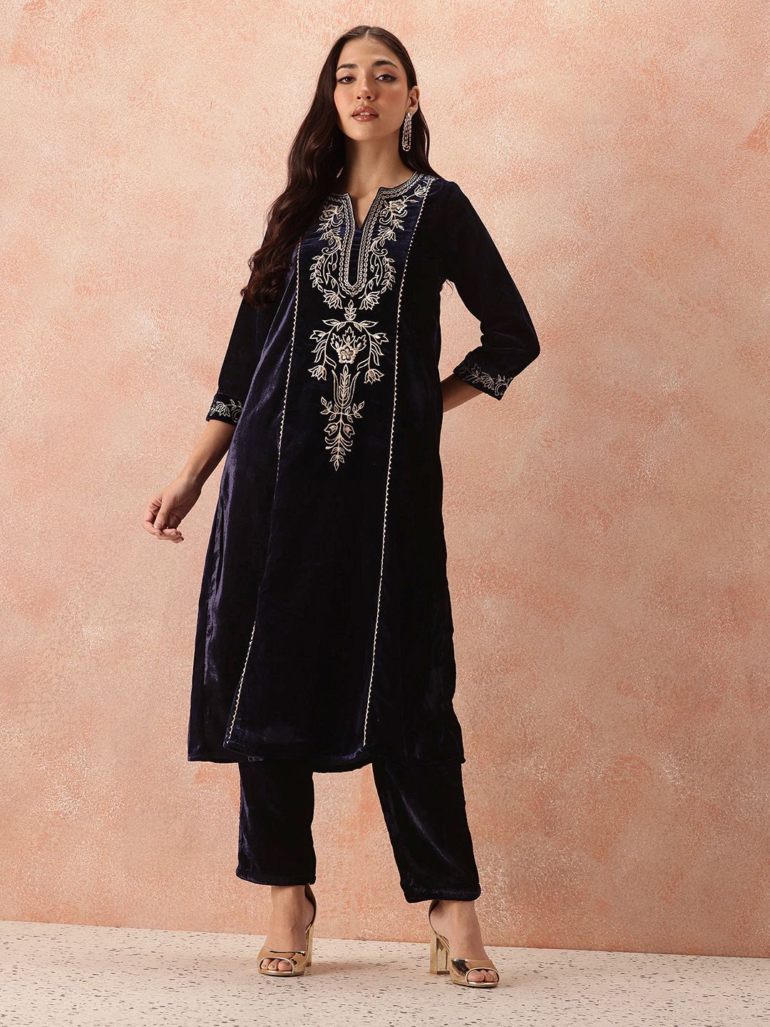 all about you Velvet Finish Floral Embroidered Gotta Patti Kurta with Trousers - Image 5