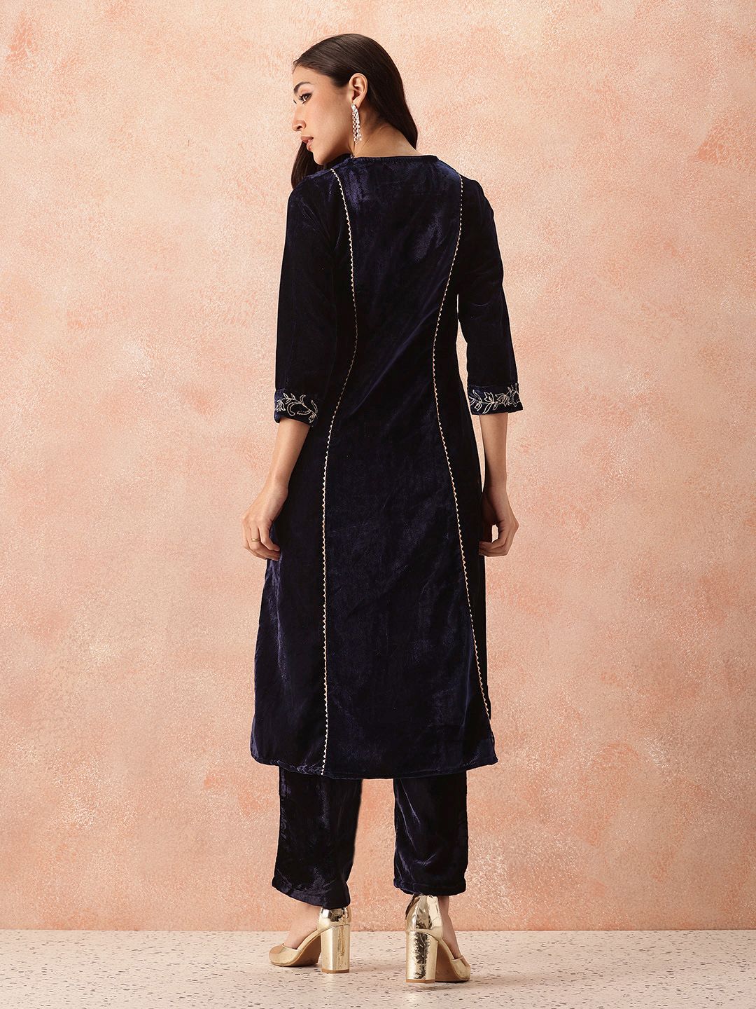 all about you Velvet Finish Floral Embroidered Gotta Patti Kurta with Trousers - Image 6