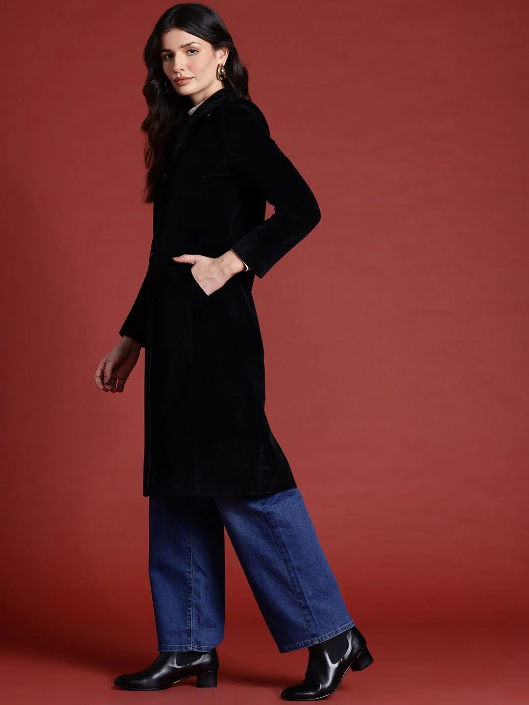 all about you Velvet Finish Stand Collar Longline Overcoat - Image 3