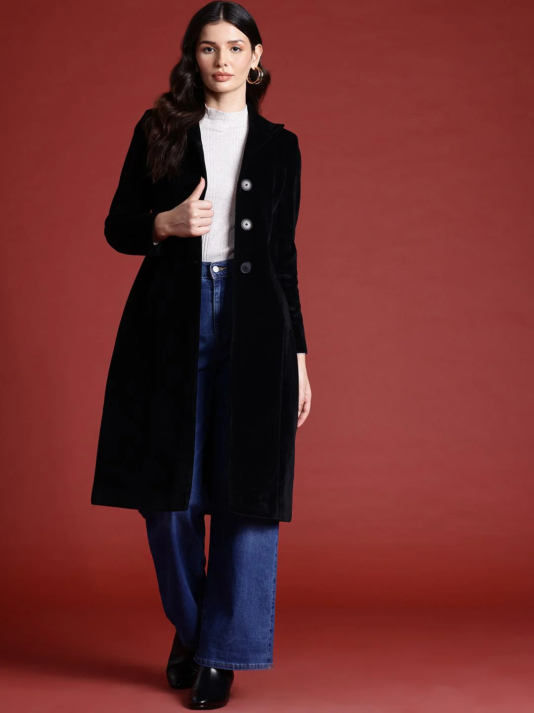 all about you Velvet Finish Stand Collar Longline Overcoat - Image 4