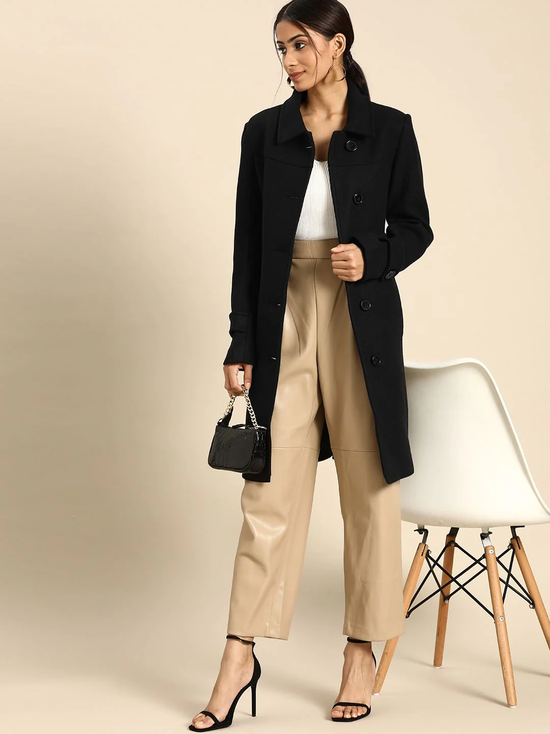 all about you Women Black Solid Longline Overcoat