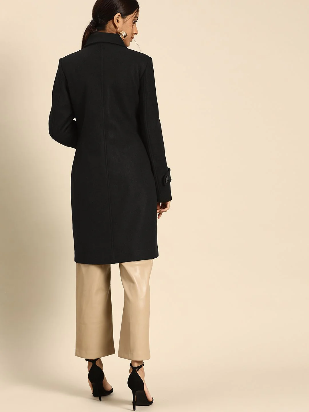 all about you Women Black Solid Longline Overcoat - Image 4