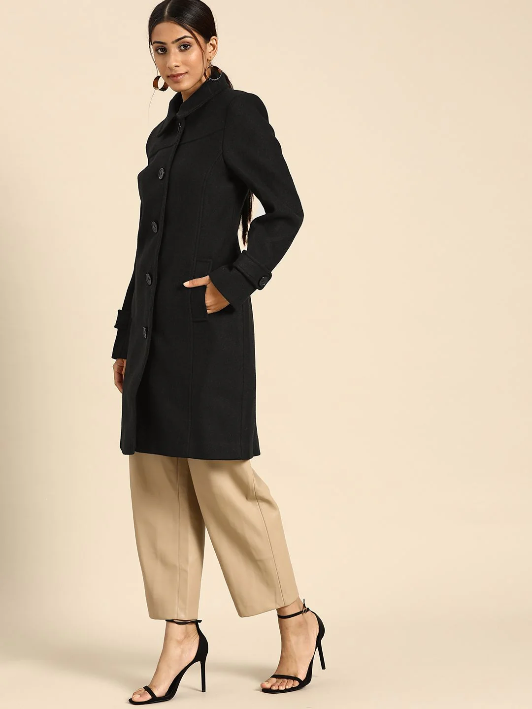 all about you Women Black Solid Longline Overcoat - Image 5