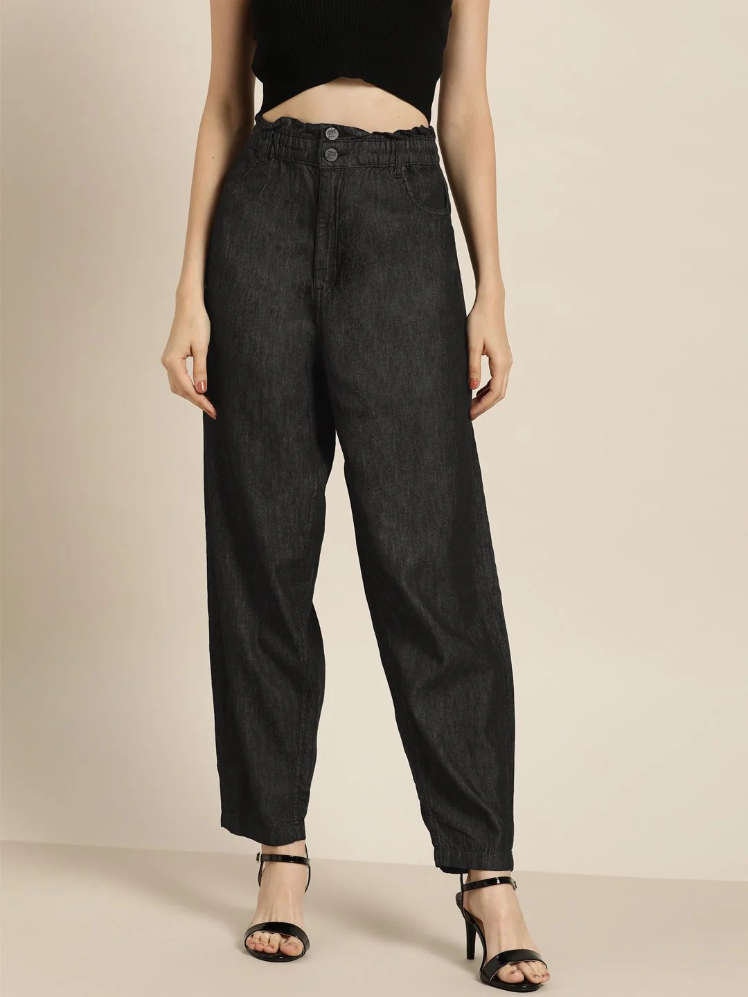 all about you Women Charcoal Grey Pure Cotton Tapered Fit High-Rise Jeans