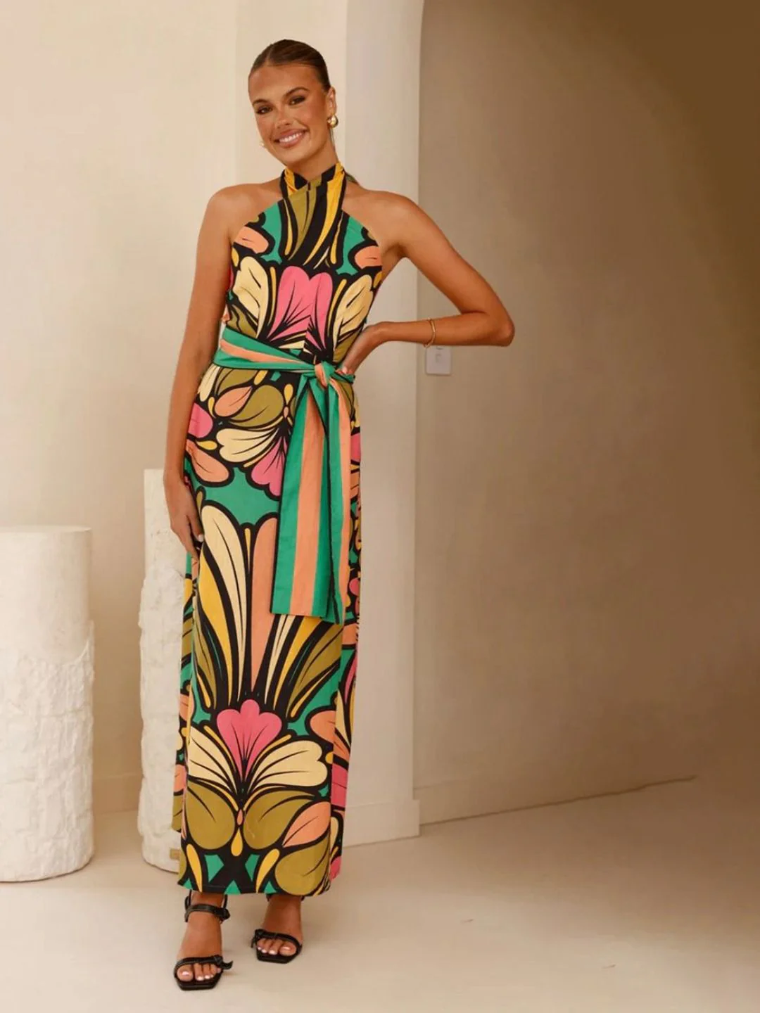 all about you Women Floral Print Halter Neck Belted Maxi Dress - Image 2