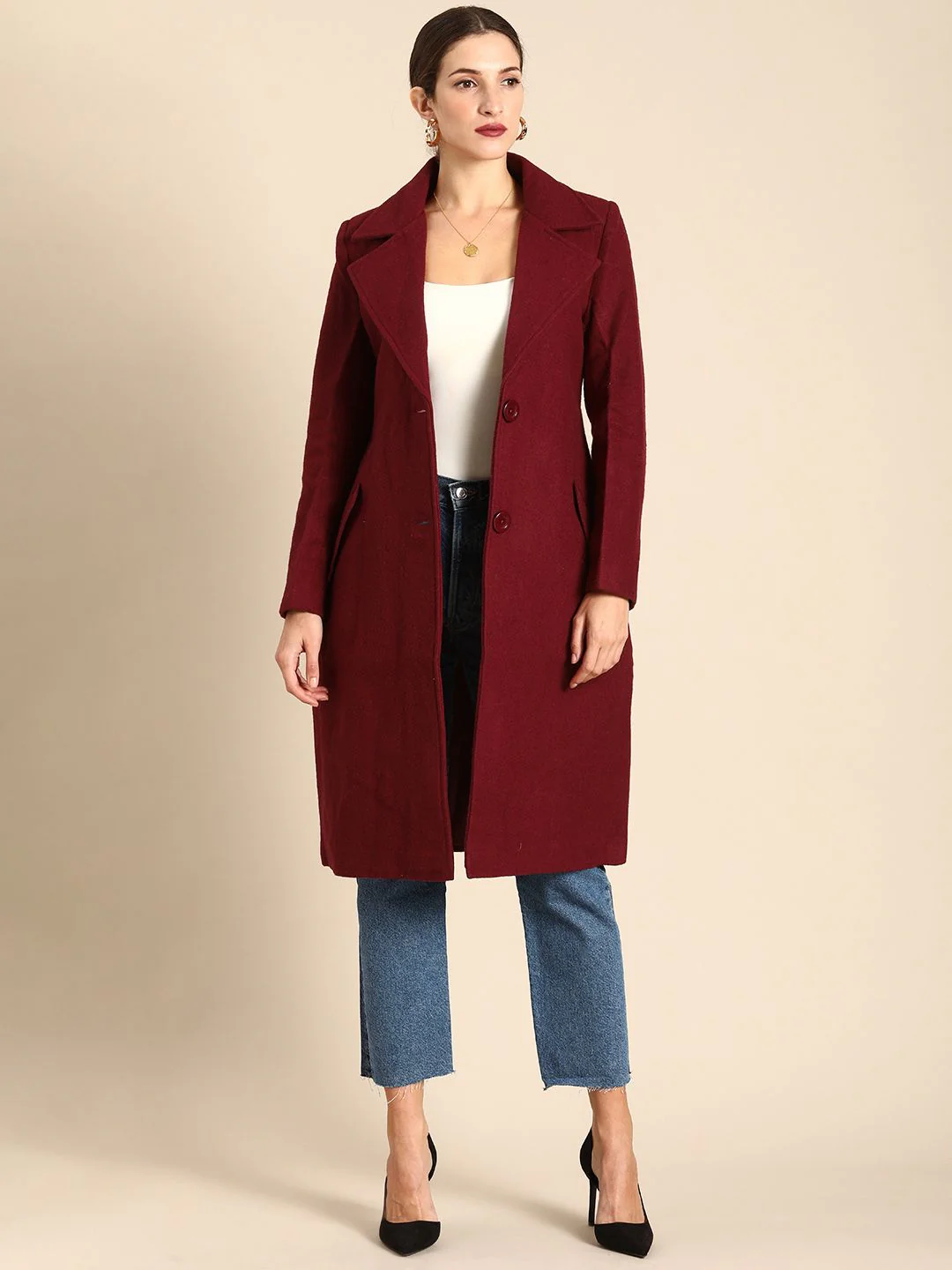 all about you Women Maroon Notched Lapel Single-Breasted Trench Coat - Image 3