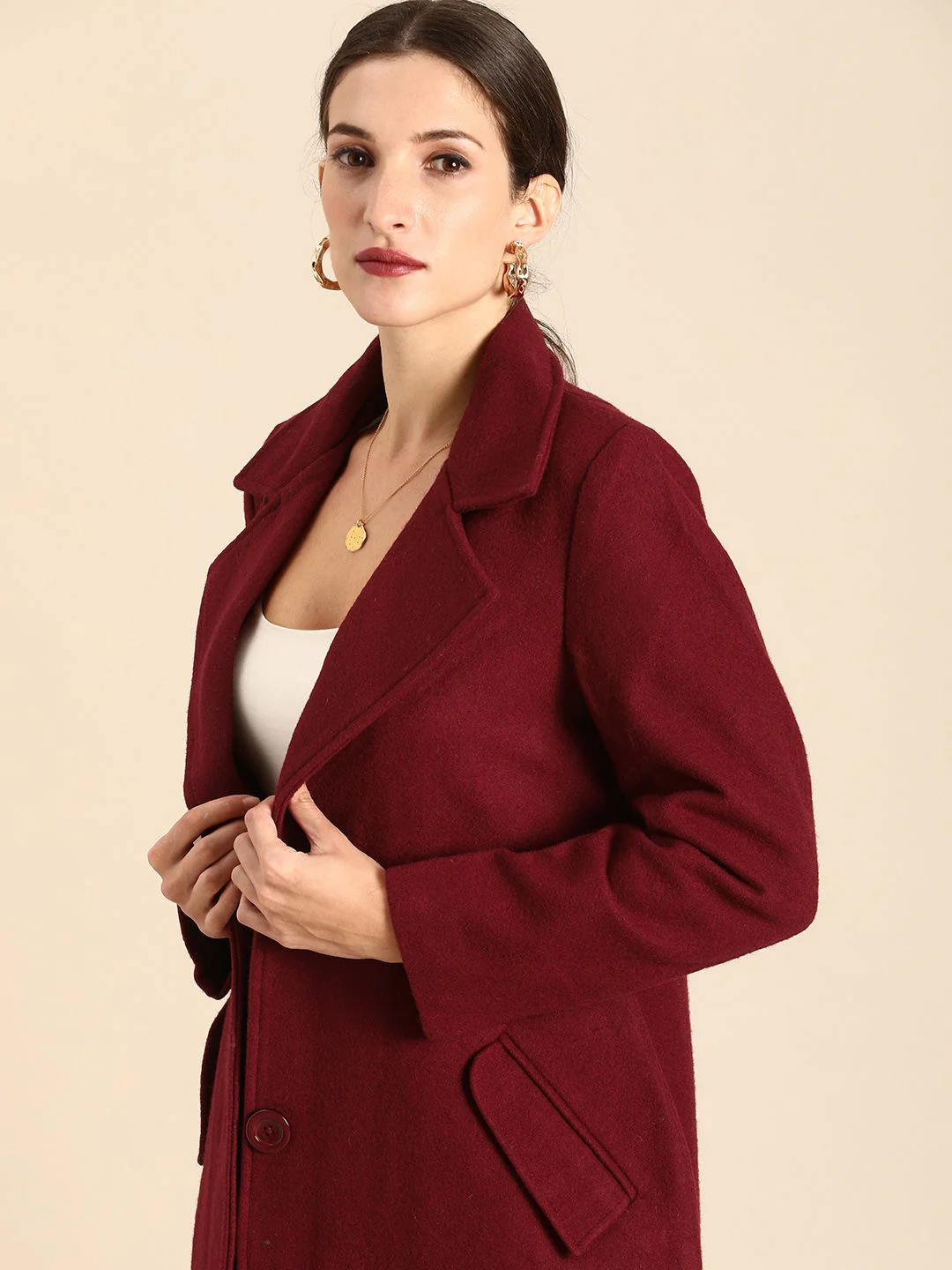all about you Women Maroon Notched Lapel Single-Breasted Trench Coat - Image 4