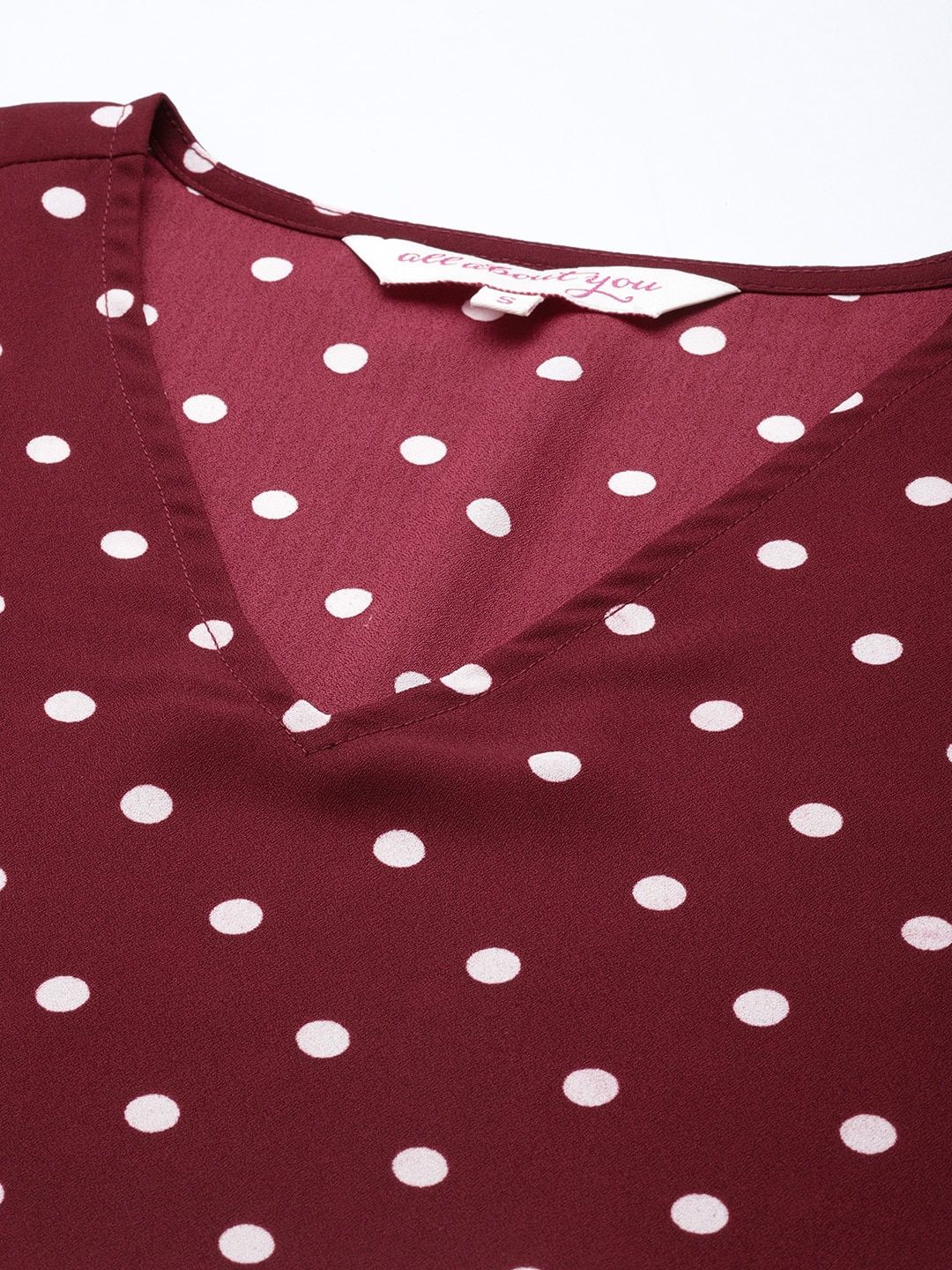 all about you Women Maroon & White A-Line Polka Dot Printed A-Line Dress With A Belt - Image 2