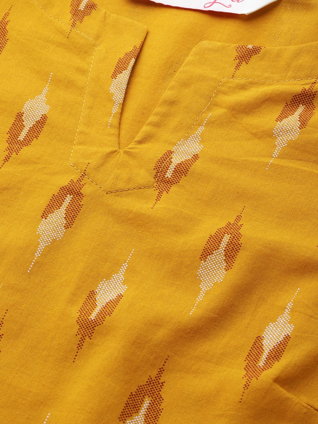 all about you Women Mustard Yellow Pure Cotton Ikat Print Kurta with Trousers & Dupatta - Image 2