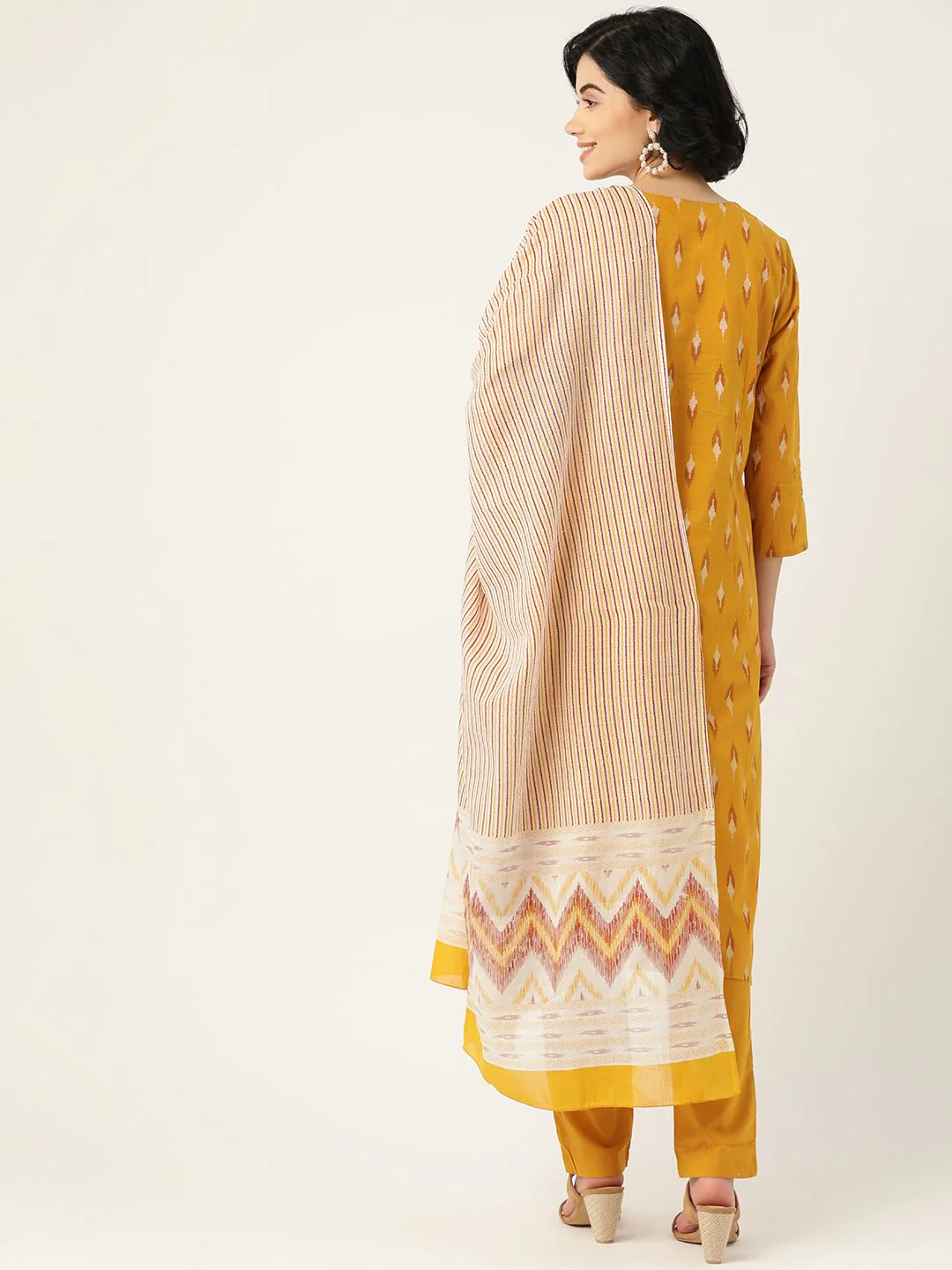all about you Women Mustard Yellow Pure Cotton Ikat Print Kurta with Trousers & Dupatta - Image 7