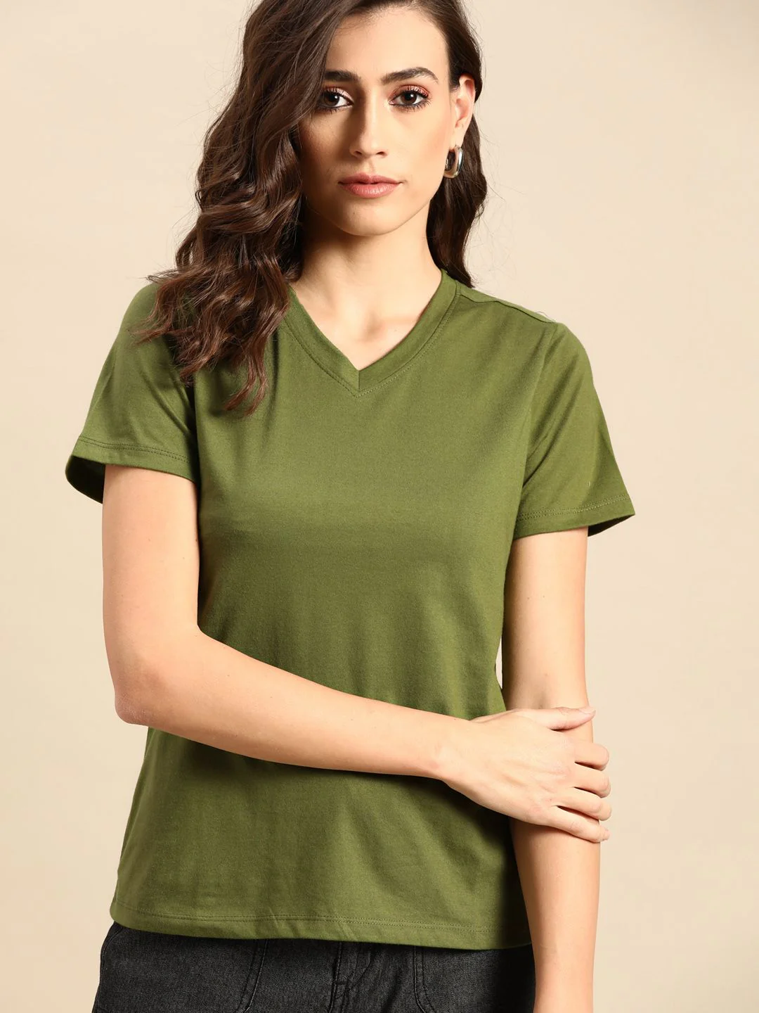 all about you Women Olive Green V-Neck T-shirt