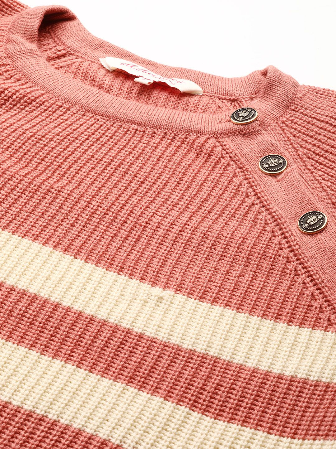 all about you Women Pink & Cream-Coloured Striped Button Detail Pullover - Image 2