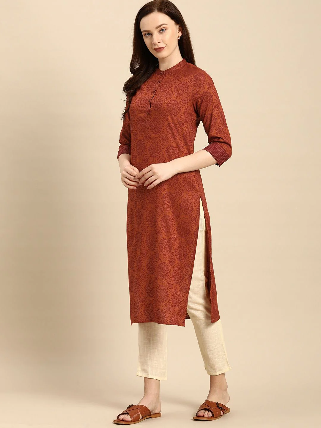 all about you Women Rust Brown Ethnic Motifs Printed Straight Kurta - Image 5