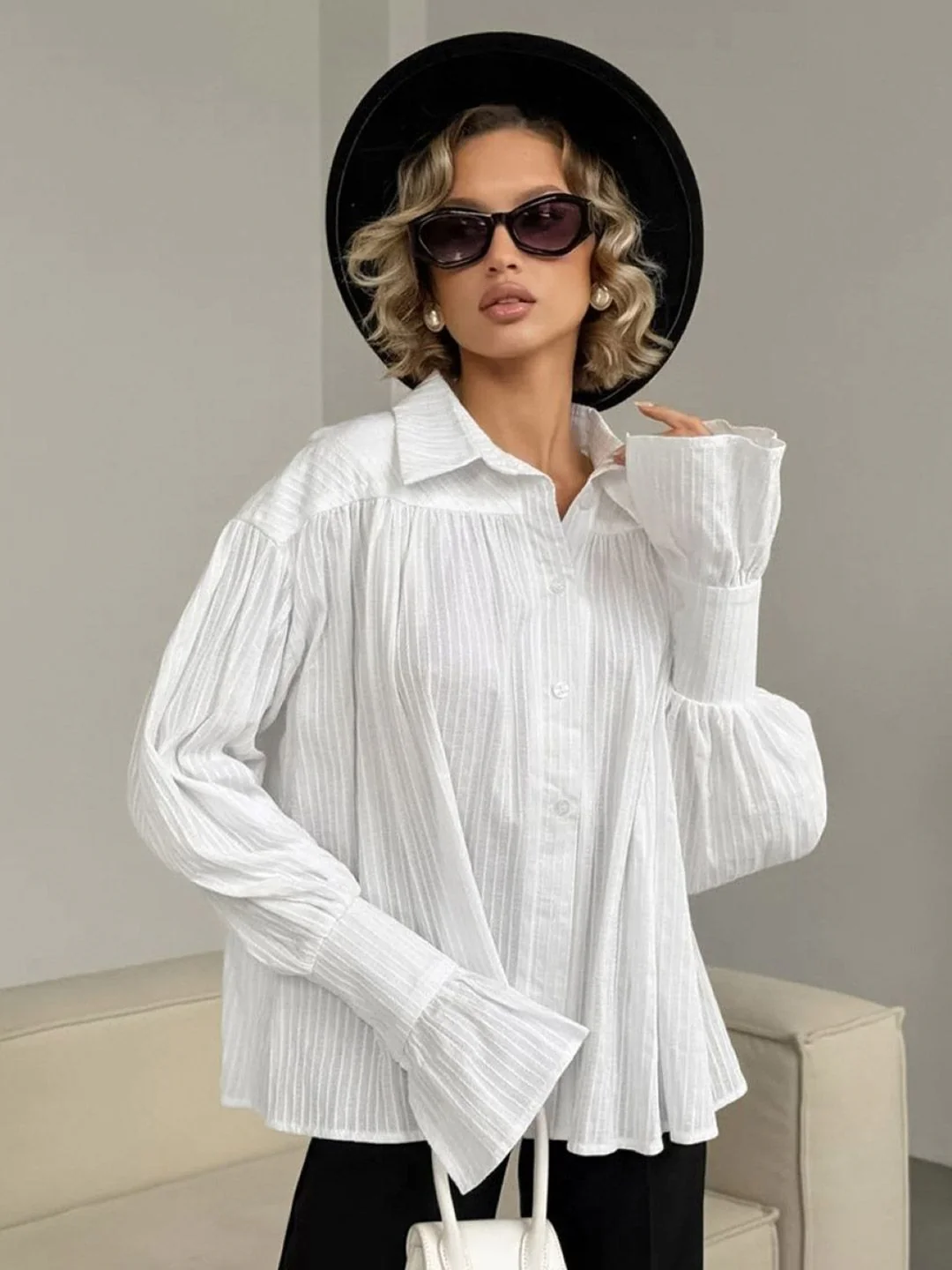 all about you Women Striped Bell Sleeve Cotton Shirt Style Top - Image 3