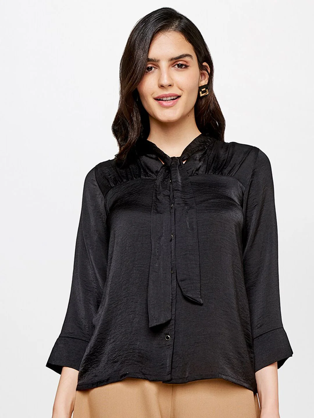 AND Black Shirt Collar Three Quarter Sleeves Top