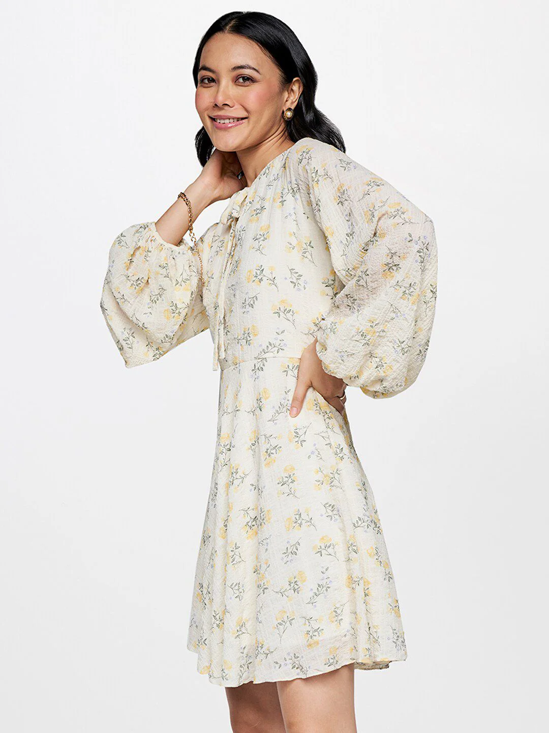 AND Floral Print Tie-Up Neck Puff Sleeve Fit & Flare Dress - Image 3