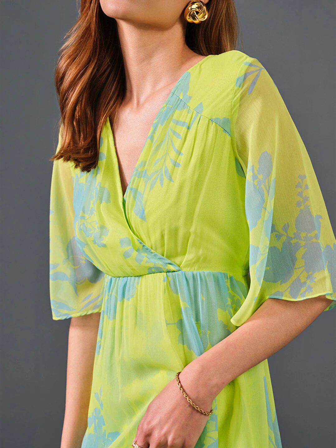 AND Floral Printed V-Neck Flared Sleeve Empire Midi Dress - Image 2