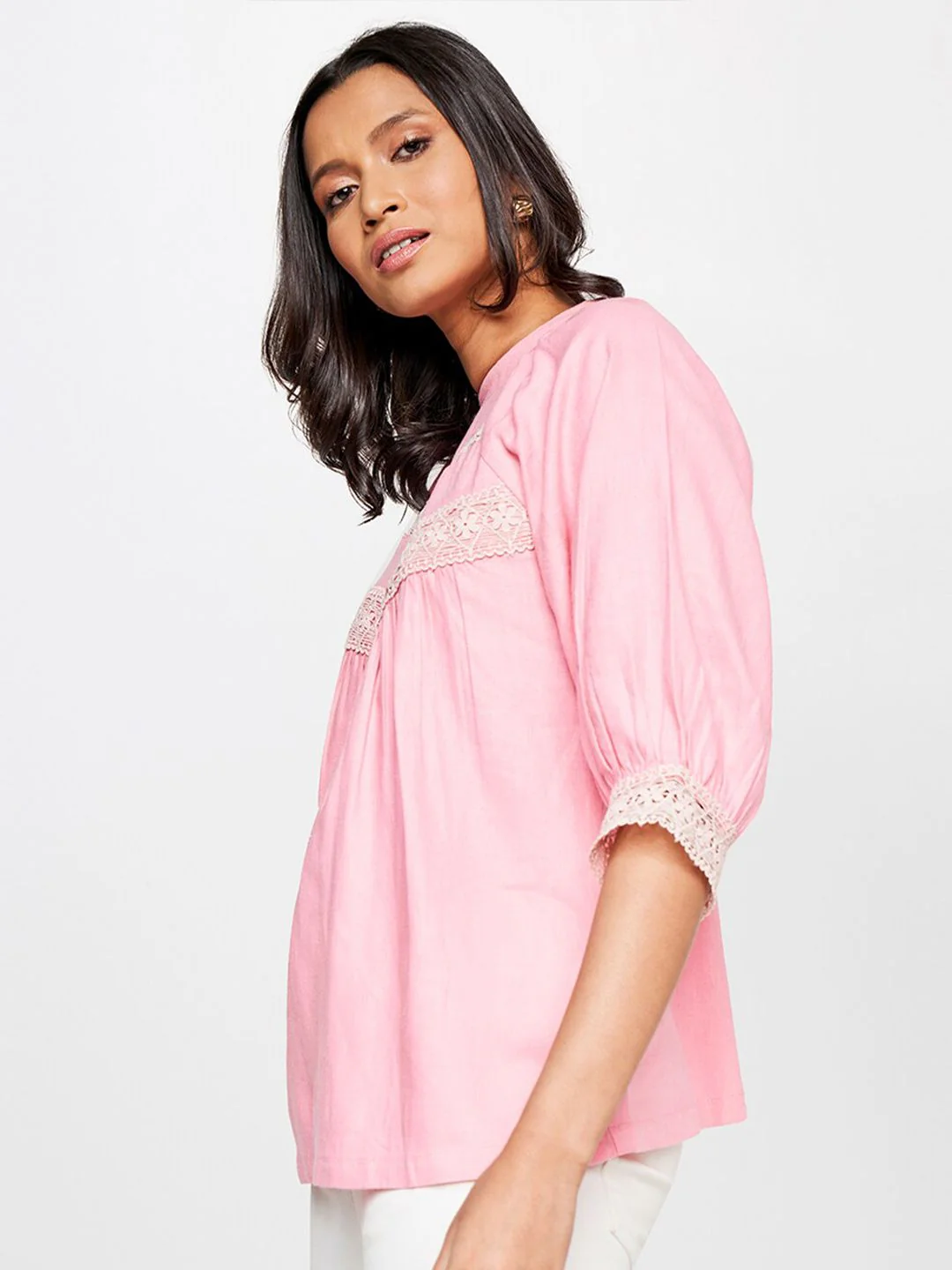 AND High Neck Styled Back Linen Top - Image 3