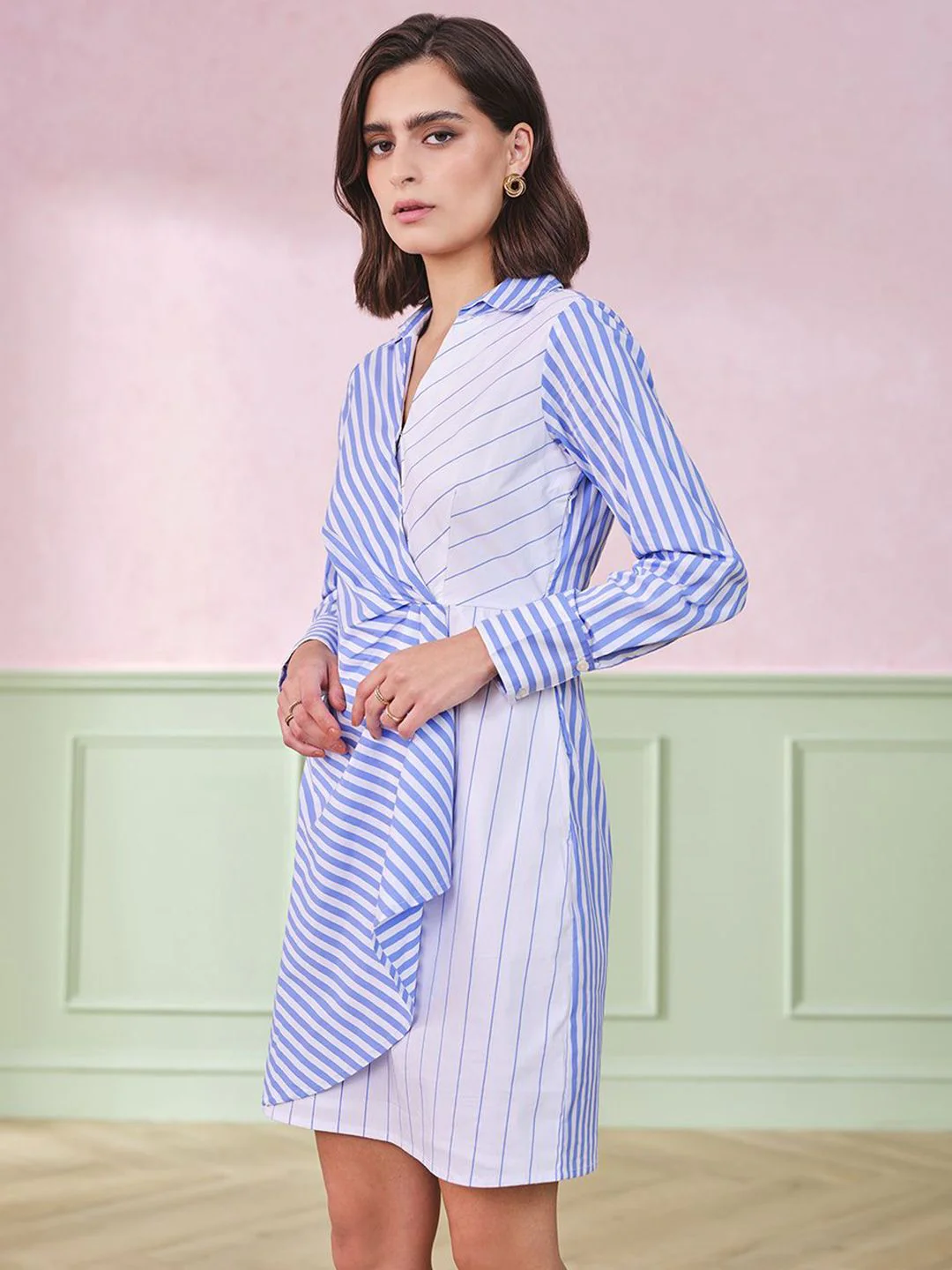 AND Striped Shirt Collar A-Line Dress - Image 3